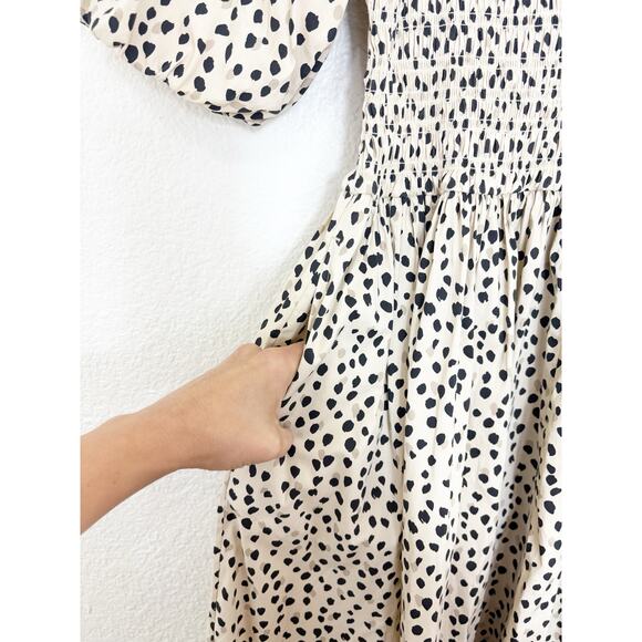 AYR The Extra Extra Smocked Midi Dress Size Medium Spot Animal Print Puff Sleeve - Picture 9 of 14